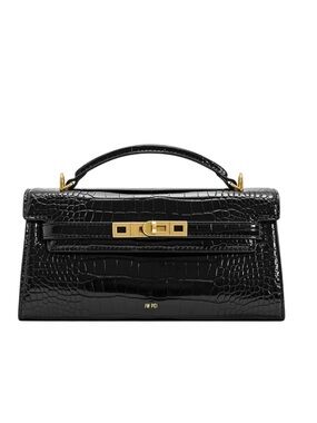 JW PEI Black Croc-Embossed Mini Top Handle Bag with Gold Hardware